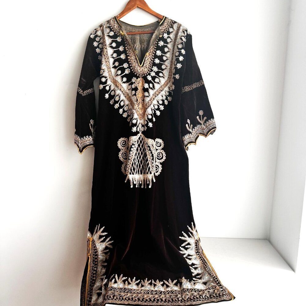 Vintage Velvet Brown Embroidered Long Maxi Tunic M - Picture 2 of 7